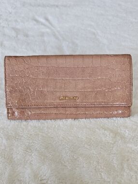 Miu Miu Croc-Embossed Leather Long Wallet in Taupe EUC